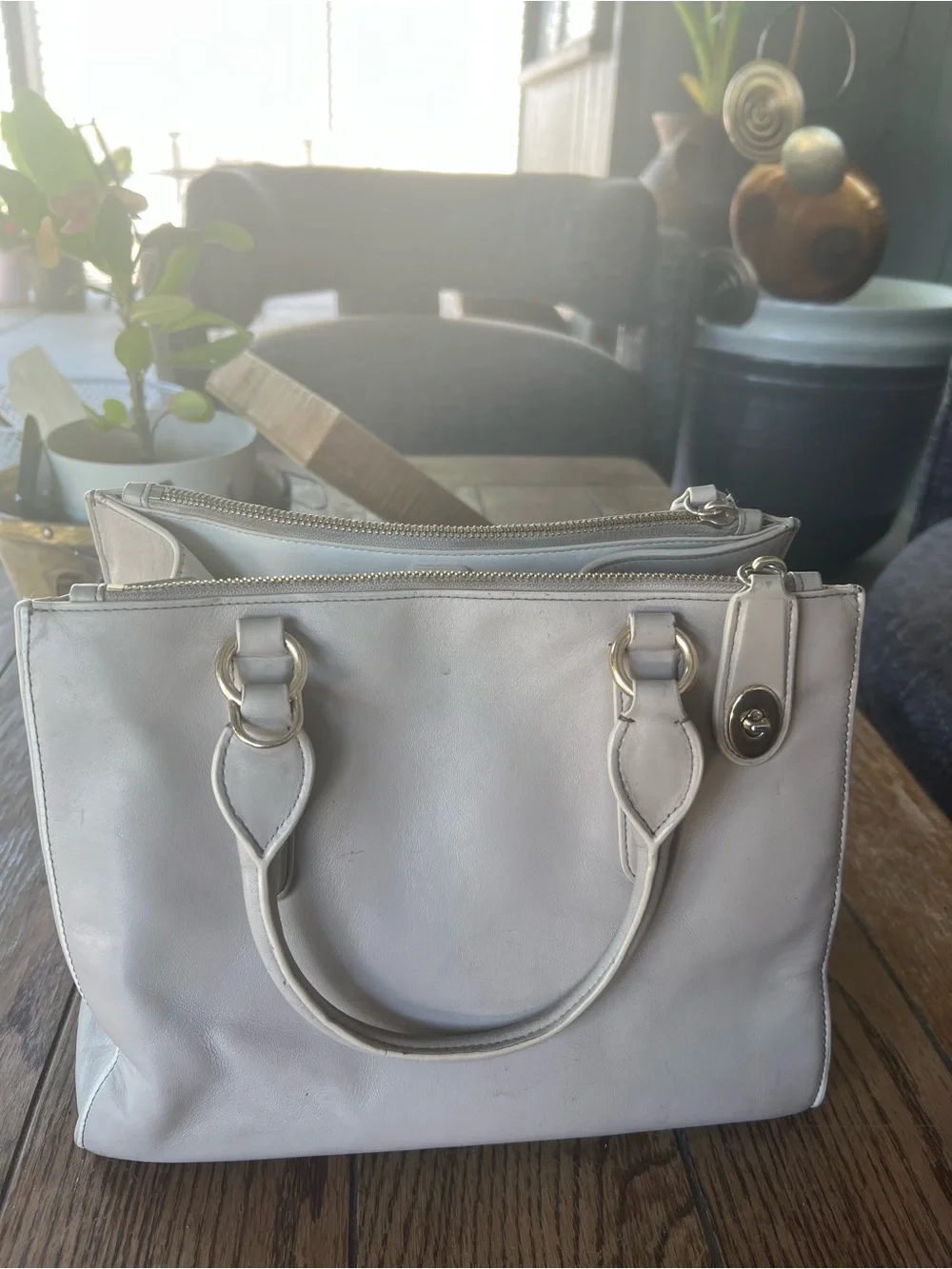 Coach Pebbled Leather Satchel in Light Taupe with Gold Hardware